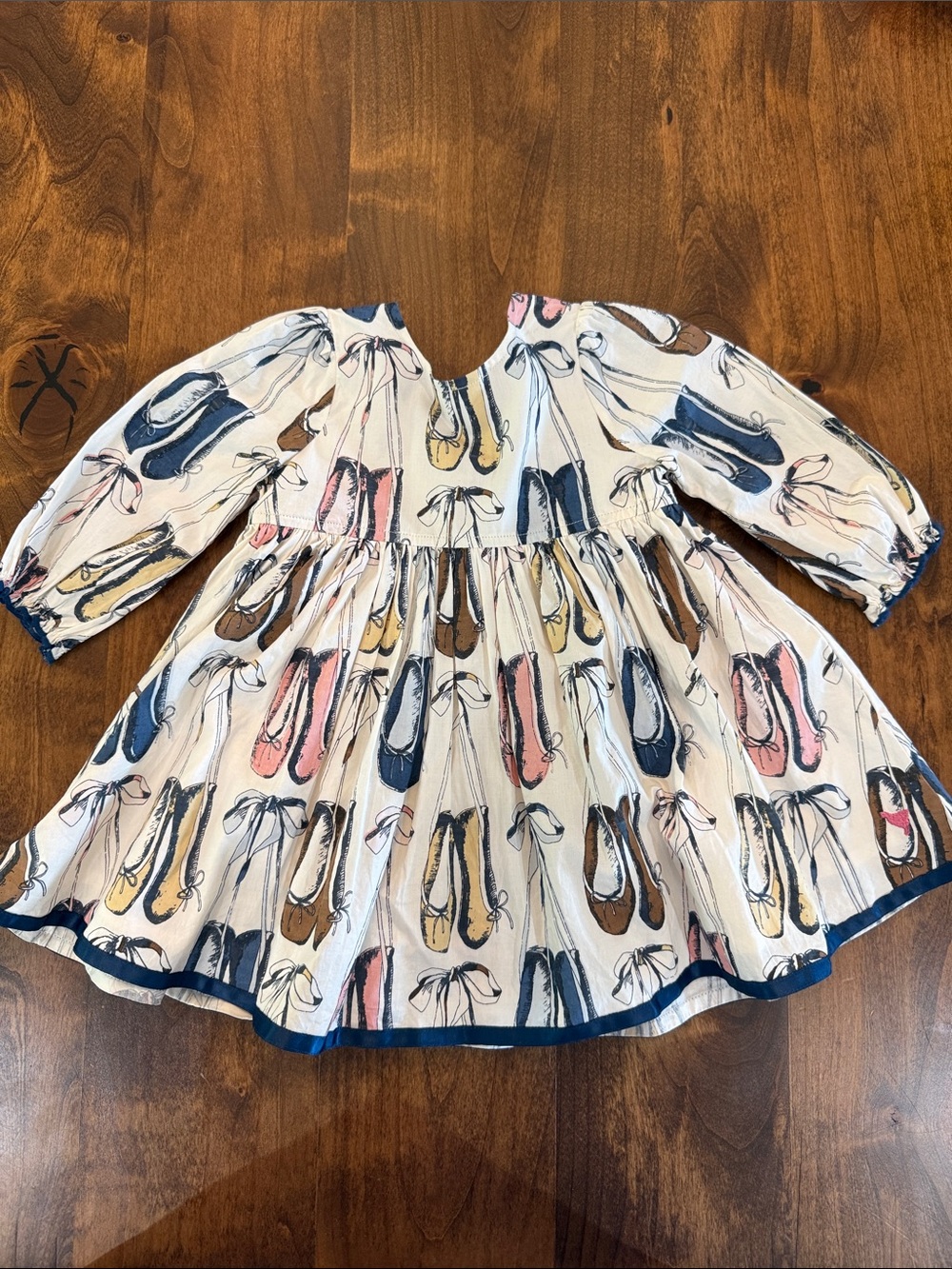 Pink Chicken Cream Dress with Navy, Pink, Yellow & Brown Ballet Shoe Print
